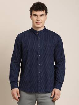 Turtle - Mens Slim Fit Printed Pure Cotton Indigo Dark Blue Casual Shirt