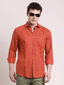 Turtle - Mens Slim Fit Printed Pure Cotton Orange Casual Shirt