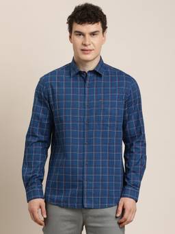 Turtle - Mens Slim Fit Checks Pure Cotton Blue Casual Shirt