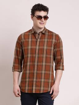Turtle - Mens Slim Fit Checks Pure Cotton Brown Casual Shirt