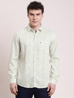 Turtle - Mens Slim Fit Printed Excel Linen Olive Casual Shirt