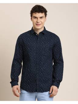 Turtle - Mens Slim Fit Printed Pure Cotton Navy Blue Casual Shirt