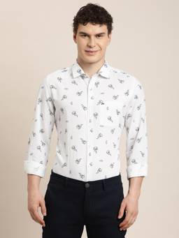Turtle - Mens Slim Fit Printed Cotton Linen White Casual Shirt