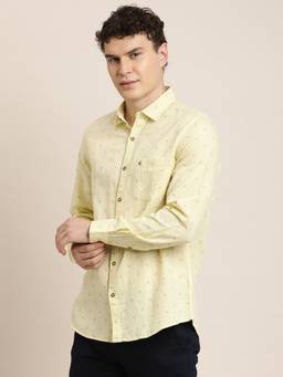 Turtle - Mens Slim Fit Printed Cotton Linen Beige Casual Shirt