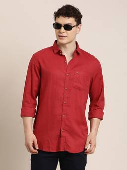 Turtle - Mens Slim Fit Solid Cotton Lyocell Red Casual Shirt