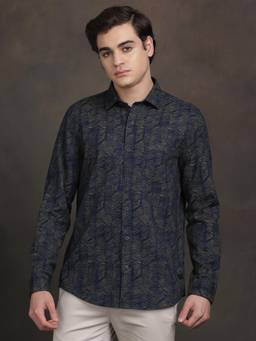 Turtle - Mens Cotton Slim Fit Printed Blue Casual Shirt