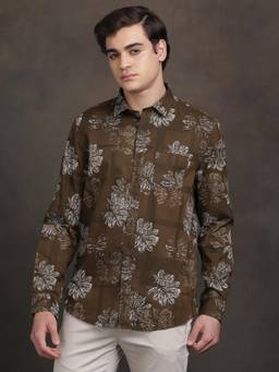 Turtle - Mens Cotton Lyocell Slim Fit Printed Brown Casual Shirt