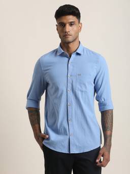 Turtle - Mens Light Blue Slim Fit Solid Handwoven Casual Shirt