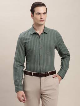 Turtle - Mens Olive Slim Fit Stripes Handwoven Formal Shirt