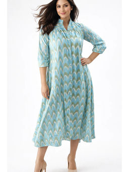 Diiwataa - Aqua Blue Handloom Gathered Shirt Maxi Dress