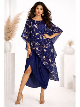 Diiwataa - Navy Blue Printed Drape Skirt with Crop Top & Cape