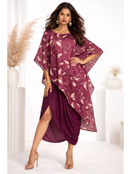 Diiwataa - Wine Printed Drape Skirt with Crop Top & Cape