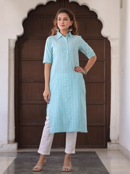 Jaipur Kurti - Women Blue Self Weave Straight Cotton Blend Kurta With Pant (Set Of 2)