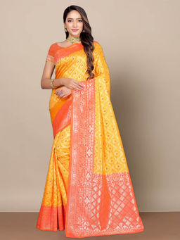 Anjaneya Sarees - Yellow Woven Designer Banarasi Silk Kanjivaram Saree with Unstitched Blouse