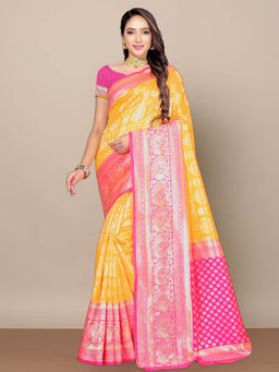 Anjaneya Sarees - Yellow Woven Designer Banarasi Silk Kanjivaram Saree with Unstitched Blouse