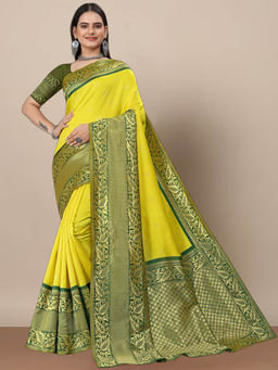 Anjaneya Sarees - Yellow Woven Designer Banarasi Silk Kanjivaram Saree with Unstitched Blouse