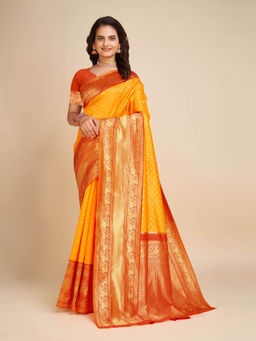Anjaneya Sarees - Yellow Woven Designer Banarasi Silk Kanjivaram Saree with Unstitched Blouse