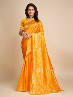 Anjaneya Sarees - Yellow Woven Designer Banarasi Silk Kanjivaram Saree with Unstitched Blouse