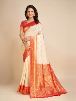 Anjaneya Sarees - Cream Woven Designer Banarasi Silk Kanjivaram Saree with Unstitched Blouse