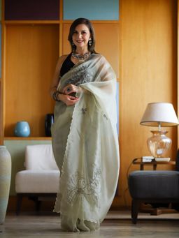 EXCLUSIVA - Green Hand and Cut Work Saree with Unstitched Blouse