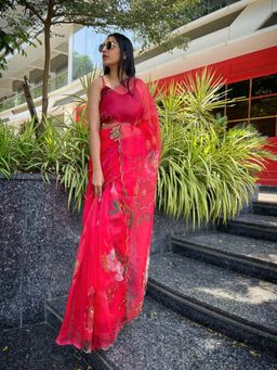 EXCLUSIVA - Red Printed Hand Work Saree with Unstitched Blouse