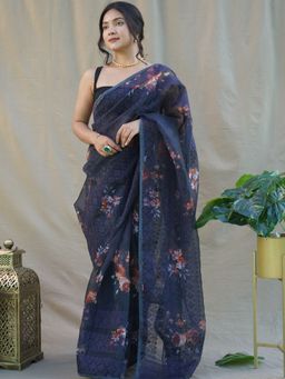 EXCLUSIVA - Blue Embroidered Saree with Unstitched Blouse