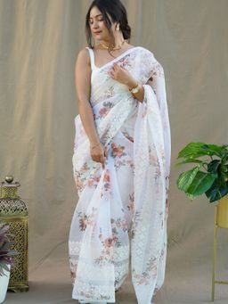 EXCLUSIVA - White Embroidered Saree with Unstitched Blouse