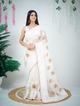EXCLUSIVA - White Embroidered Saree with Unstitched Blouse