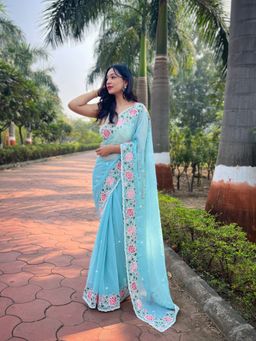 EXCLUSIVA - Blue Embroidered Saree with Unstitched Blouse