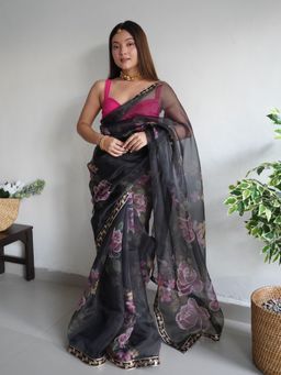 EXCLUSIVA - Black Printed Hand Work Sequined Saree with Unstitched Blouse