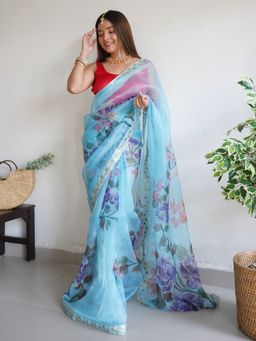 EXCLUSIVA - Blue Printed Hand Work Sequined Saree with Unstitched Blouse
