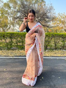 EXCLUSIVA - Brown Embroidered Piping Border Saree with Unstitched Blouse