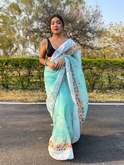 EXCLUSIVA - Blue Embroidered Piping Border Saree with Unstitched Blouse