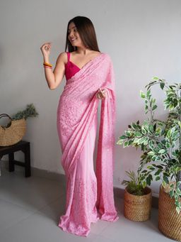 EXCLUSIVA - Pink Embroidered Sequined Saree with Unstitched Blouse