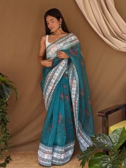 EXCLUSIVA - Blue Print Embroidered Saree with Unstitched Blouse