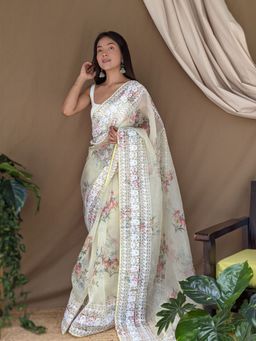 EXCLUSIVA - Yellow Print Embroidered Saree with Unstitched Blouse