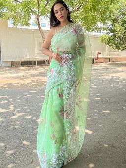 EXCLUSIVA - Green Embroidered Saree with Unstitched Blouse