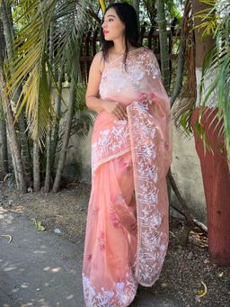 EXCLUSIVA - Peach Embroidered Saree with Unstitched Blouse