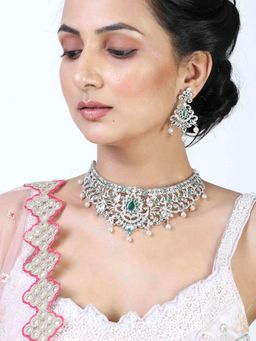 Estele - Rhodium Plated CZ Magnificent Bridal Choker Necklace Set with Pearls for Women