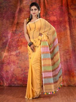 CHARUKRITI - Yellow Cotton Khesh Soft Handwoven Saree and Unstitched Blouse