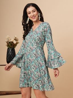 Globus - Women Blue Overlapped-V Neck Printed Paisley Floral A-Line Dress