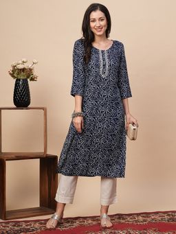 Globus - Women Blue Allover Bandhani Print Straight Kurta