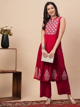 Globus - Women Red Embroidered Yoke Panelled Gotta Lace A-Line Kurta With Straight Pants Festive Set