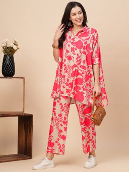 Globus - Women Beige & Pink Allover Floral Print Shirt Style Kaftan Top & Trousers Co-Ord Set
