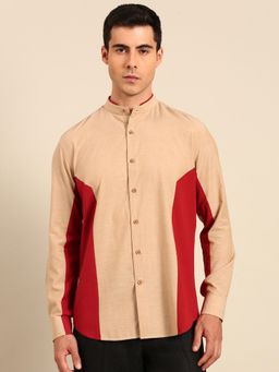 MAYANK MODI - Beige Maroon Malai Cotton Shirt