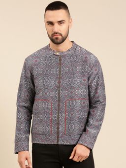 MAYANK MODI - Blue Linen Embroiderer Print Jacket