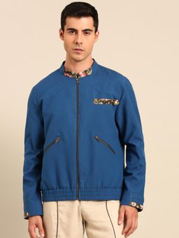 MAYANK MODI - Blue Printed Malai Cotton Bomber Jacket