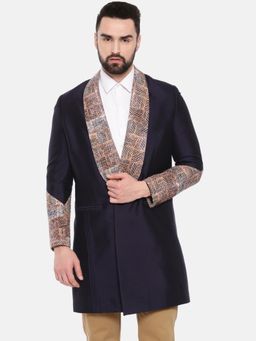MAYANK MODI - Blue Silk Linen Long Trench Coat