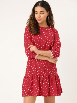Style Quotient - Red & White Polka Dots Print Drop-waist Dress