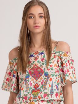 SHAYE - Cream-ColouMulti-Color & Multi-Color Floral Print off-Shoulder Bardot Top
